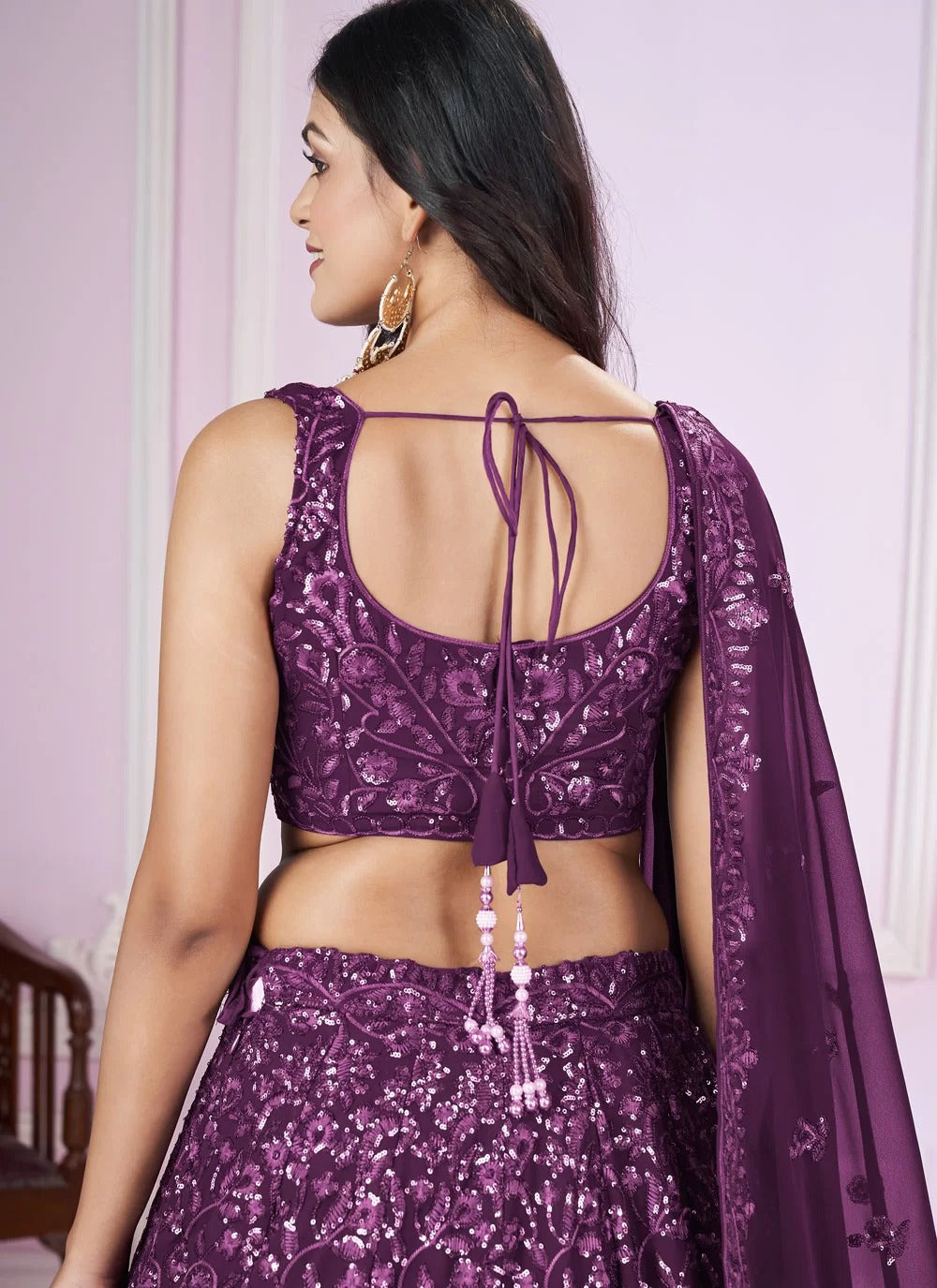 Purple georgette lehenga with thread embroidery work