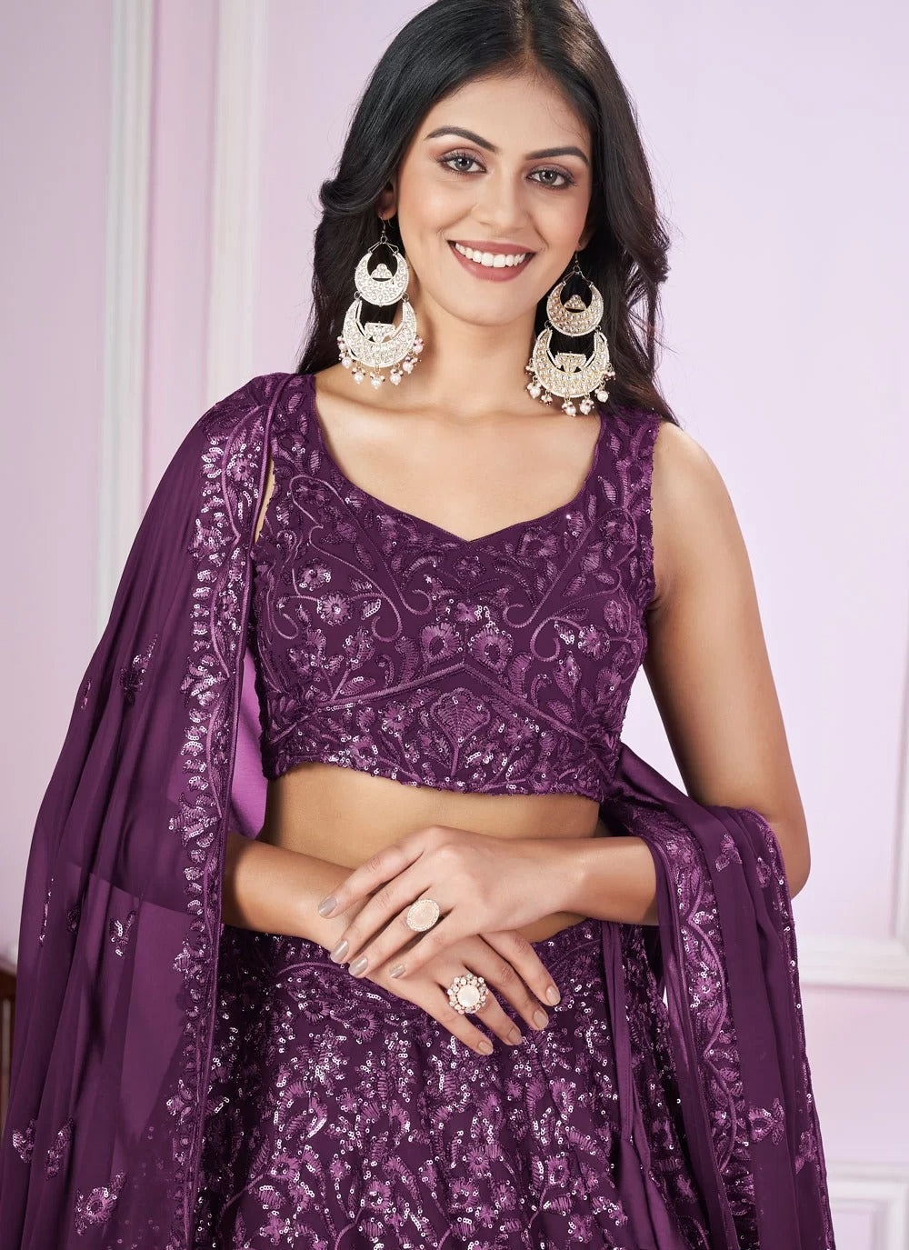 Lightweight purple festive lehenga for wedding celebrations