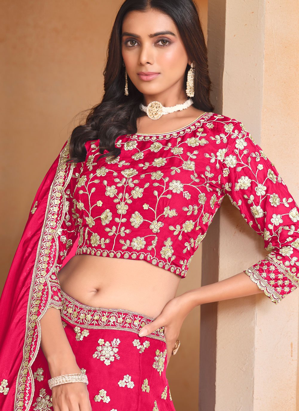 Elegant rani pink party wear lehenga with dupatta