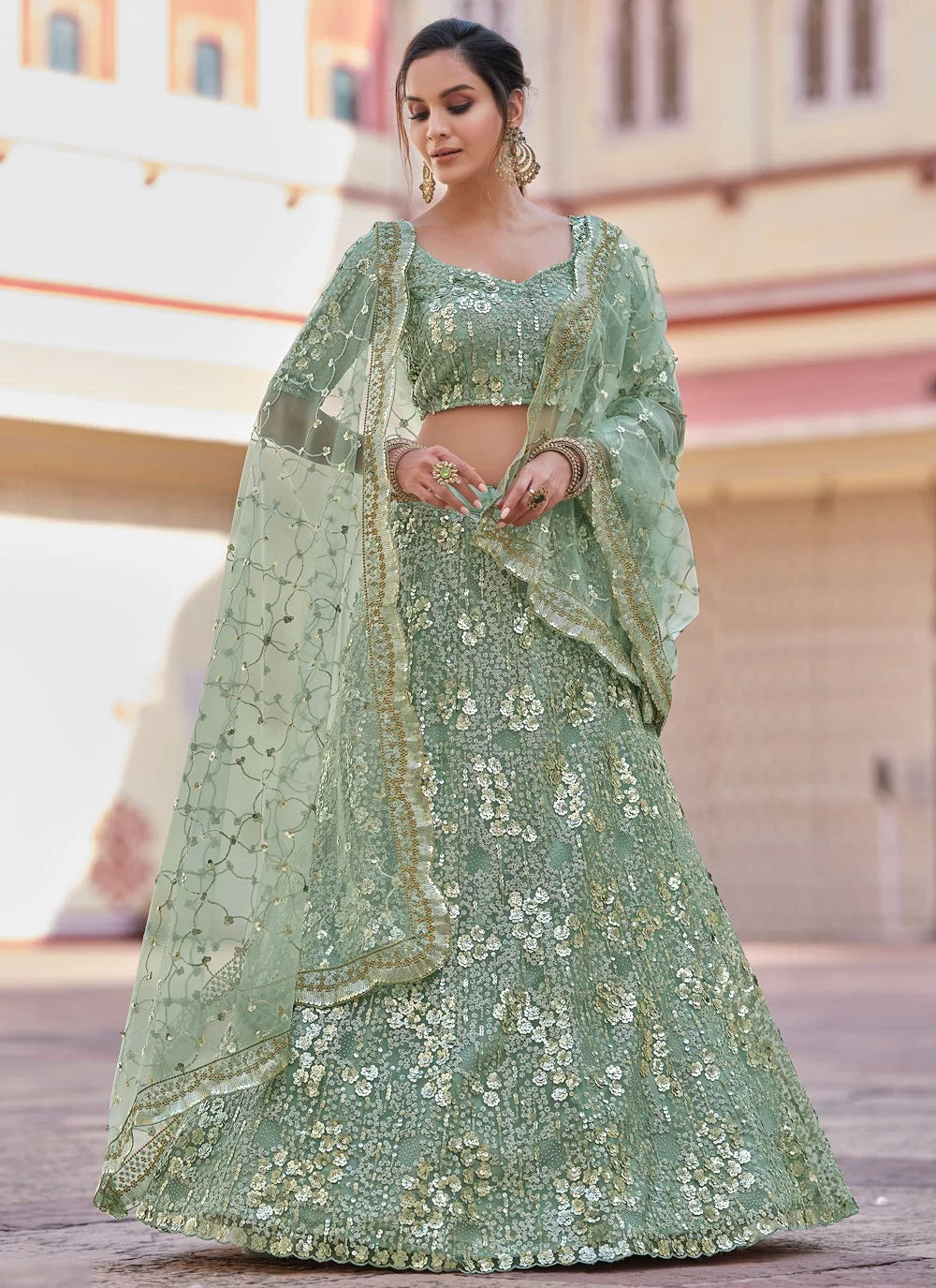 Elegant Soft Net Green Engagement Lehenga with Sequins, Thread, and Stone Work