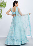 Elegant Turquoise Blue Net Engagement Lehenga With Intricate Cutdana & Sequins Work