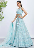 Elegant Turquoise Blue Net Engagement Lehenga With Intricate Cutdana & Sequins Work