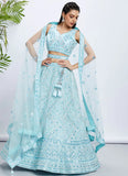 Elegant Turquoise Blue Net Engagement Lehenga With Intricate Cutdana & Sequins Work