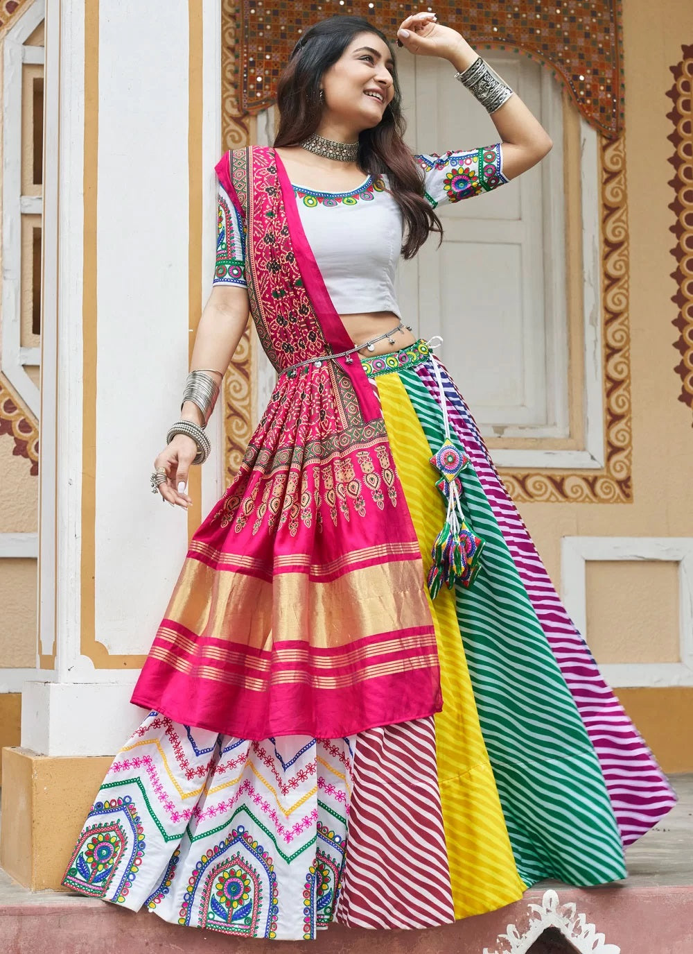 Elegant White Maslin Cotton Navratri Special Lehenga with Print and Embroidery