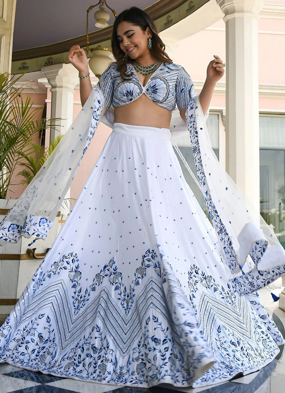 White satin bridesmaid lehenga with zari sequins embroidery