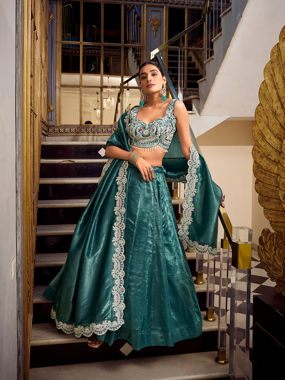 Teal Color Sequins And Thread Embroidery Work Gold Crush Lehenga Choli