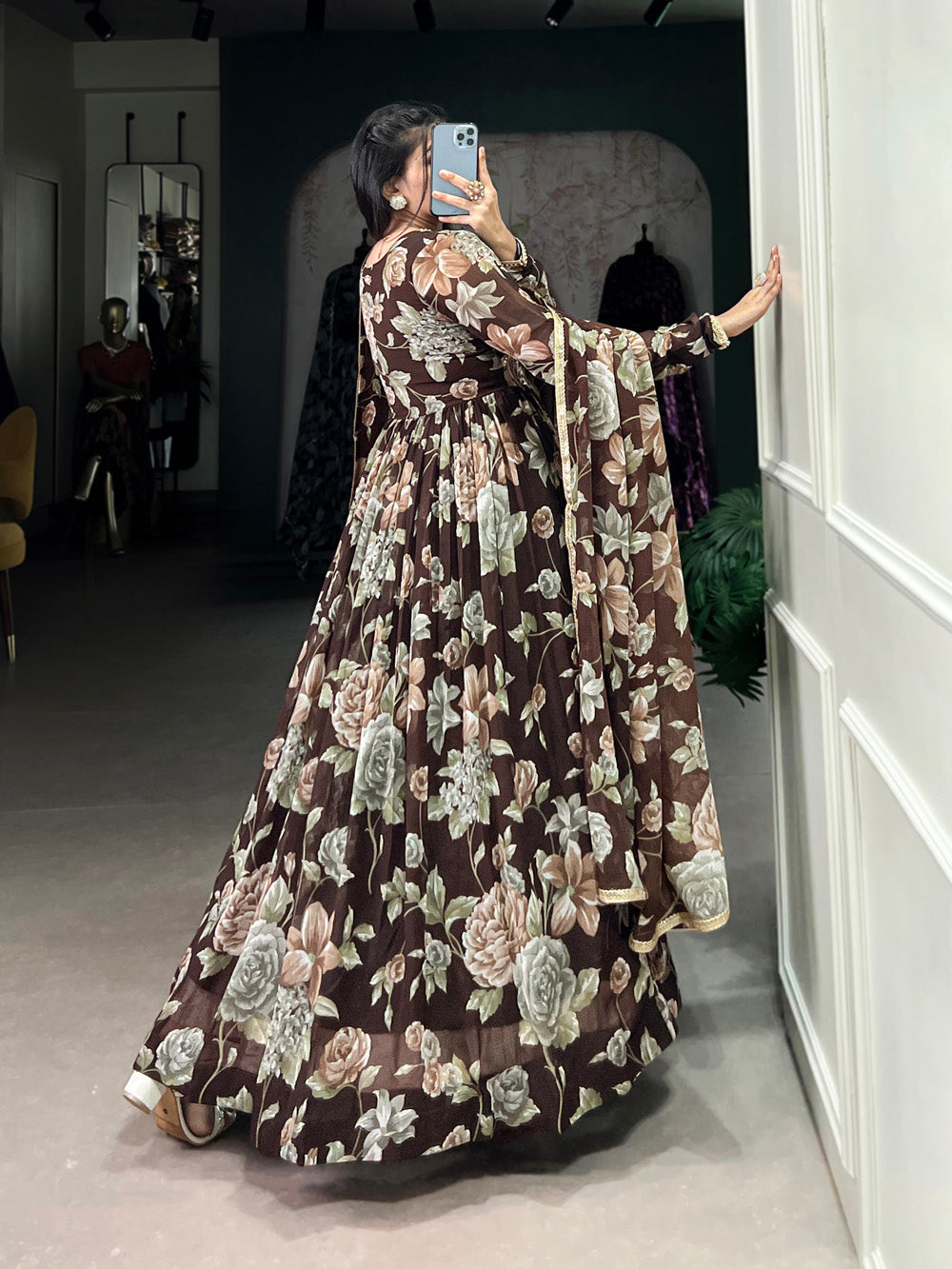 Brown Color Floral Print With Lace Border Marbel Gown