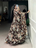 Brown Color Floral Print With Lace Border Marbel Gown