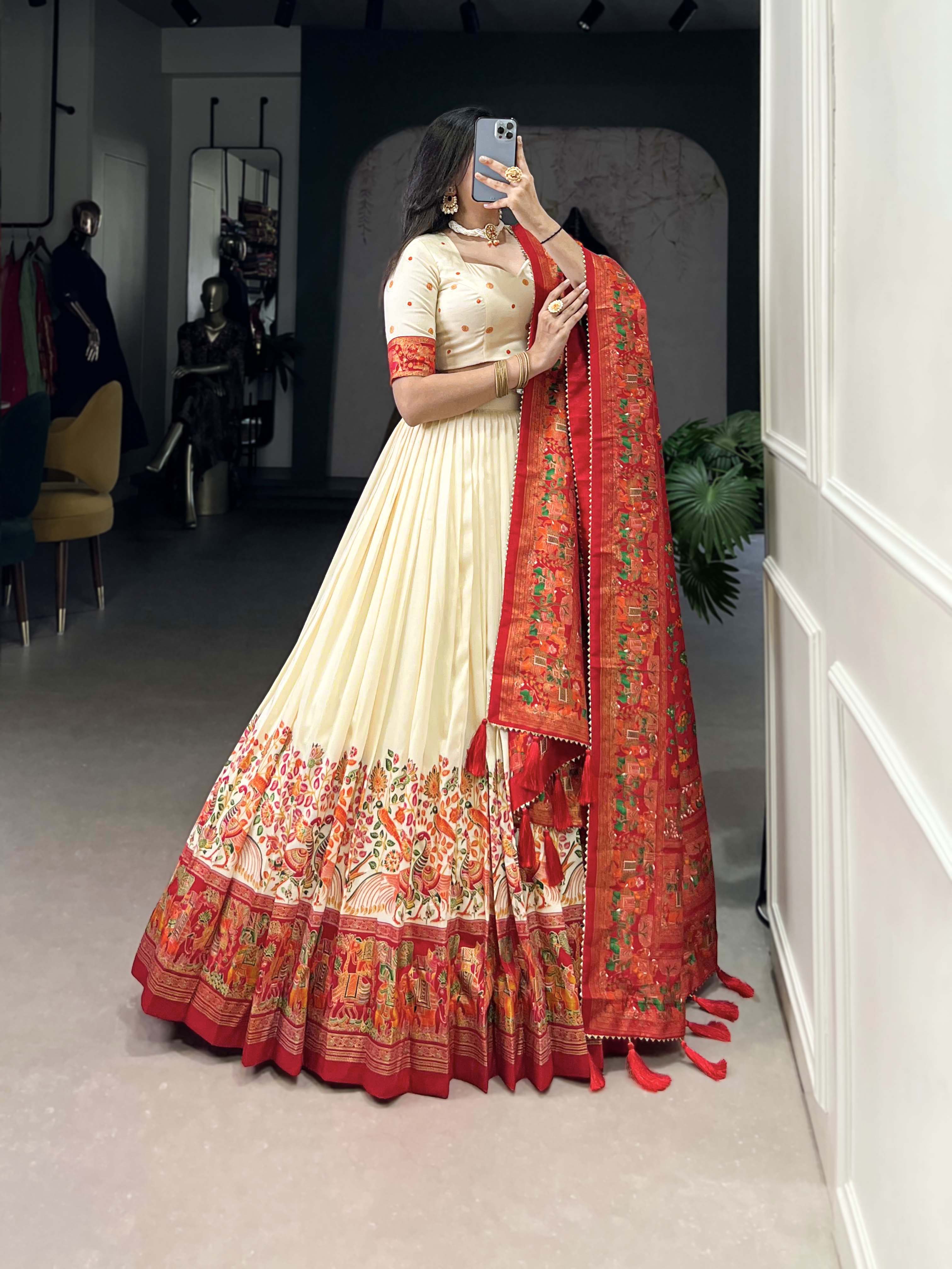 Off White Color Printed Foil Work Tussar Silk Lehenga Choli