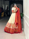 Off White Color Printed Foil Work Tussar Silk Lehenga Choli