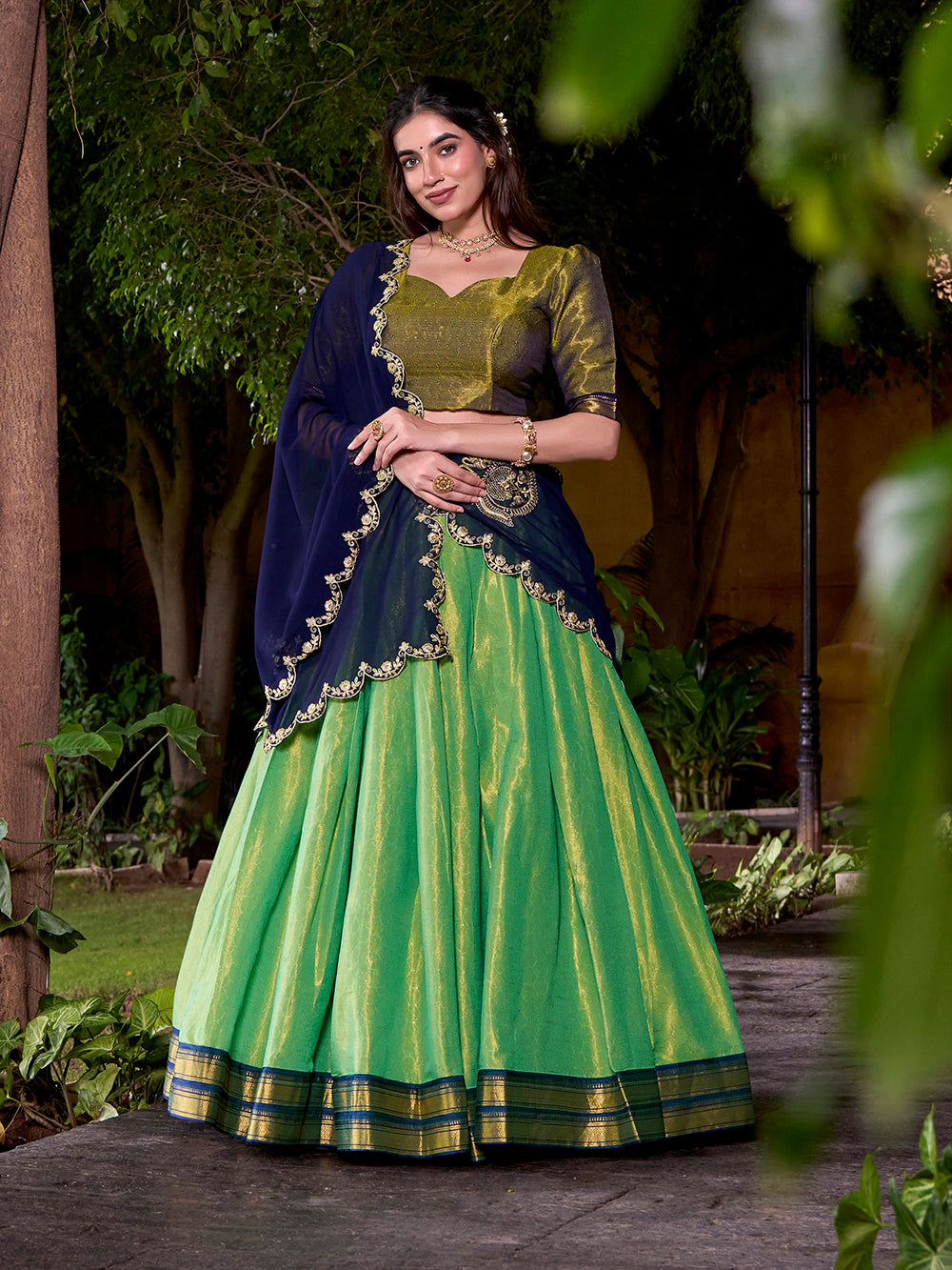 Navy blue lehenga with sequins and thread embroidery