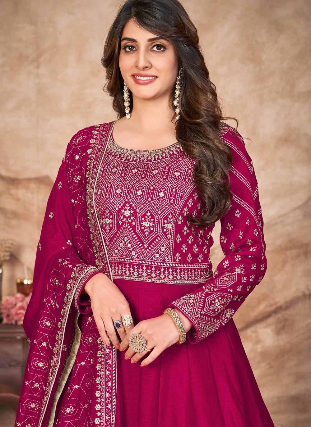 Embroidered Art Silk Abaya Style Suit In Rani 