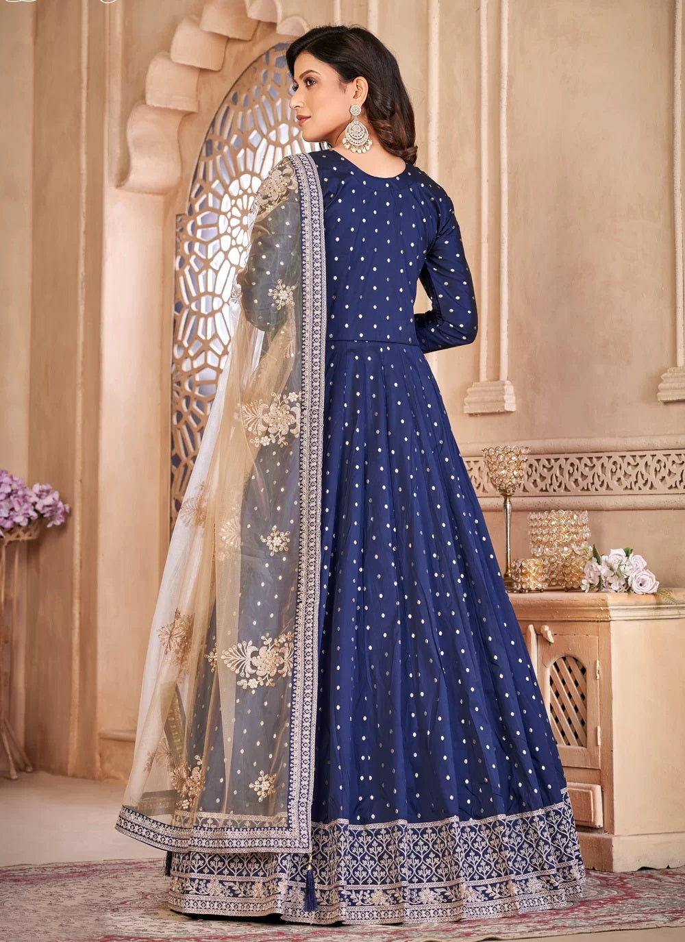 Buy Online Navy Blue Embroidered Silk Anarkali Suit |Green Dupatta – Pure  Elegance