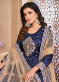 Embroidered Art Silk Anarkali in Navy Blue