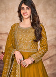 Embroidered Art Silk Anarkali Suit In Mustard