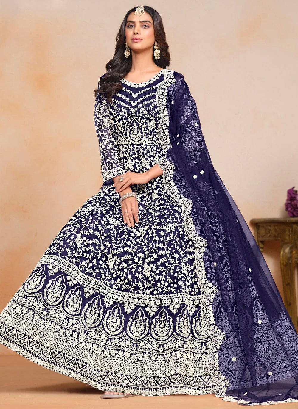 Blue festive Anarkali dress with embroidery work