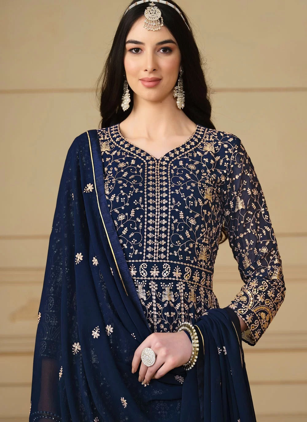 Blue Embroidered Pakistani Suit – Faux Georgette Set