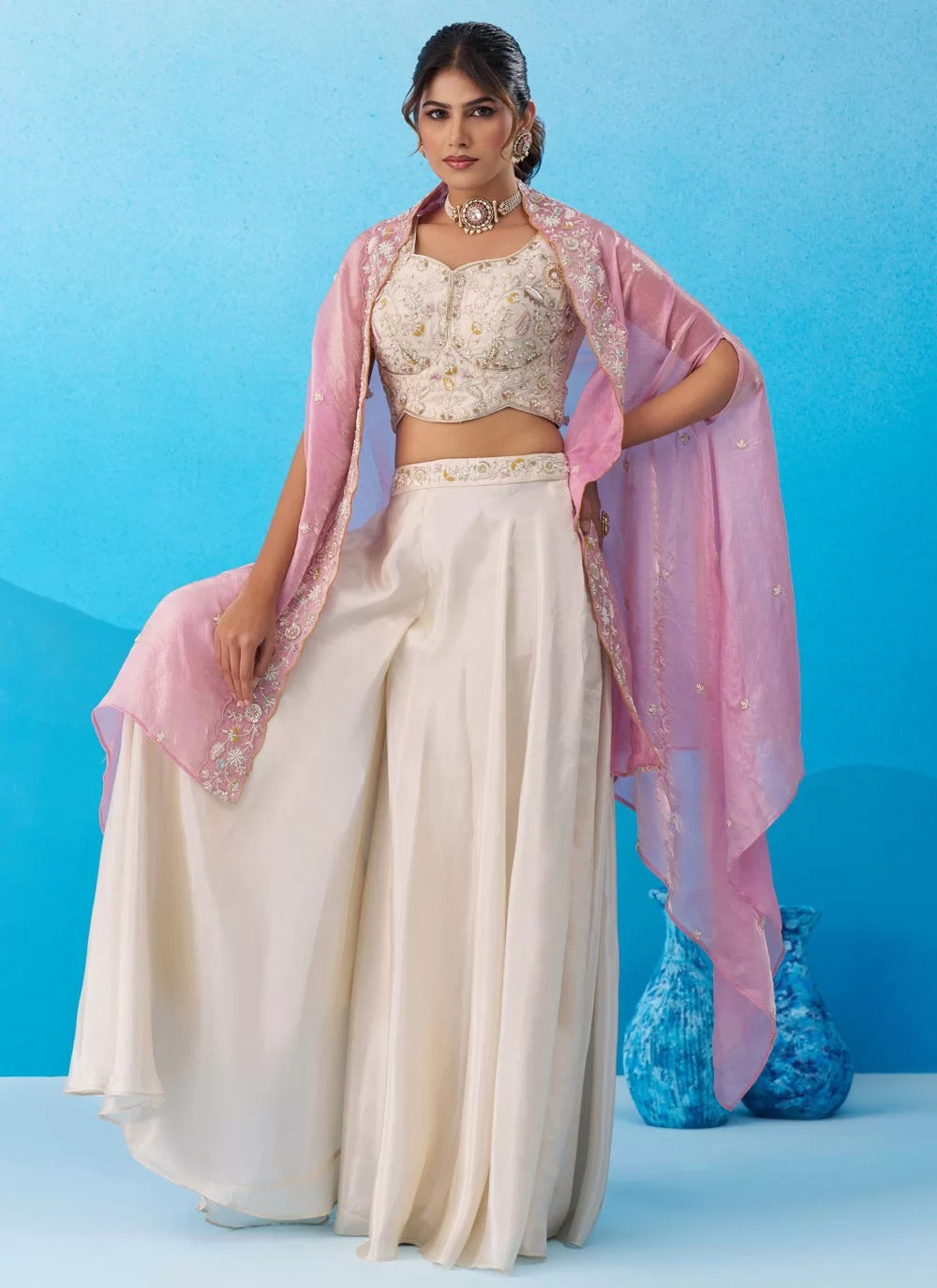 Cream Pink Indo Western Co-Ord Set with Embroidered Cape for Women