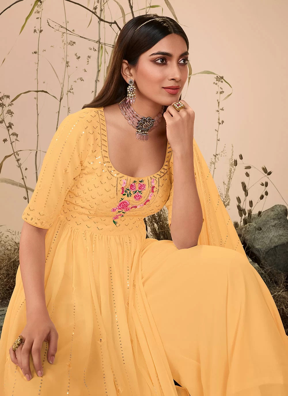 Embroidered georgette Festive Wear Palazzo Suit In Yellow
