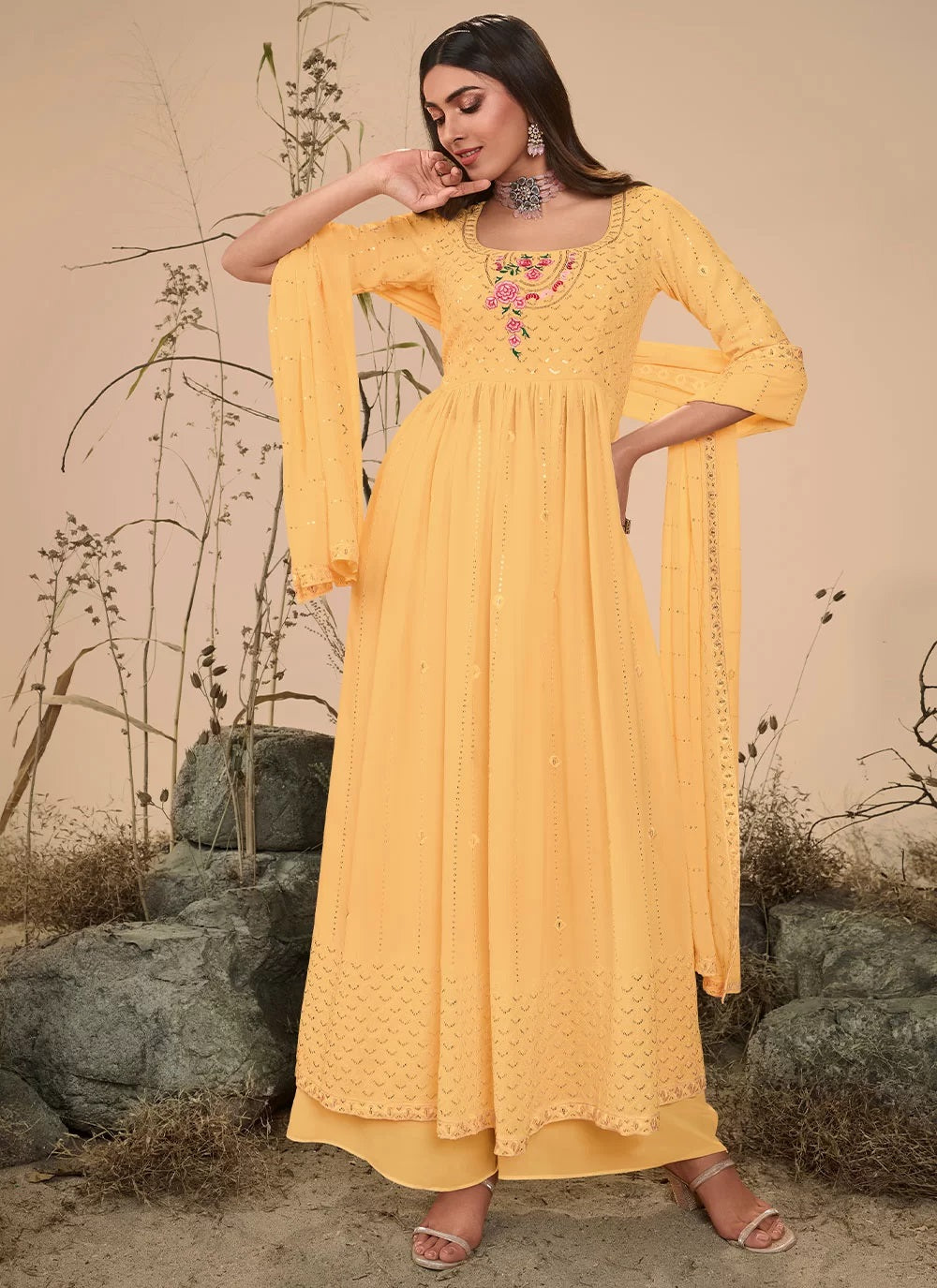 Embroidered georgette Festive Wear Palazzo Suit In Yellow