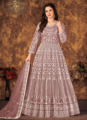 Embroidered Net Abaya Style Suit in Mauve