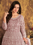 Embroidered Net Abaya Style Suit in Mauve