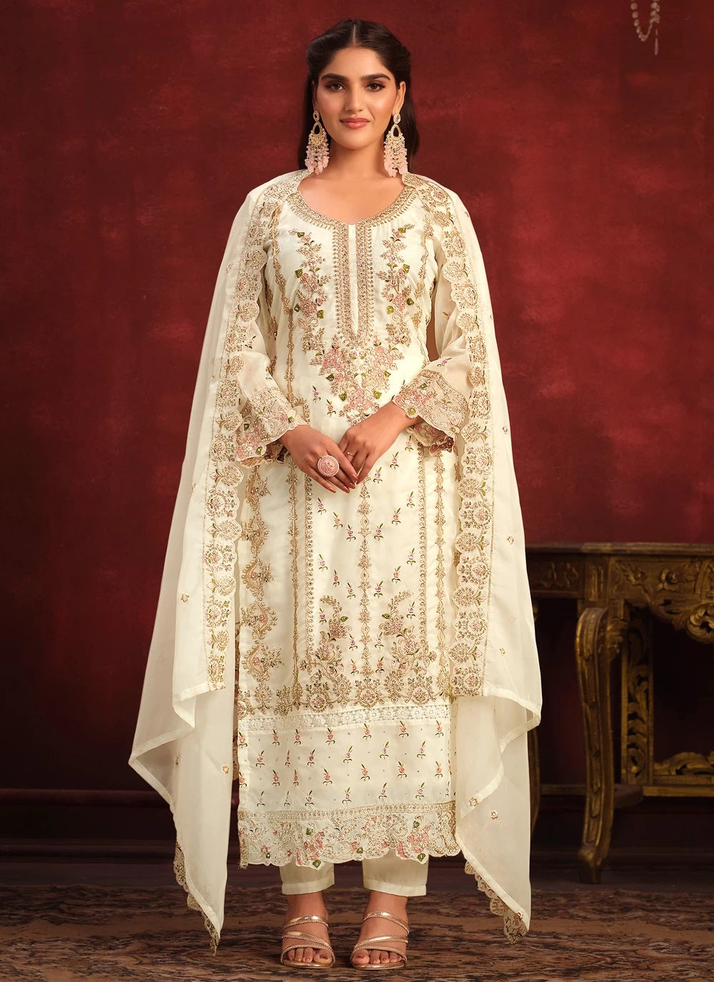 Embroidered Pakistani Suit for Women In Off White