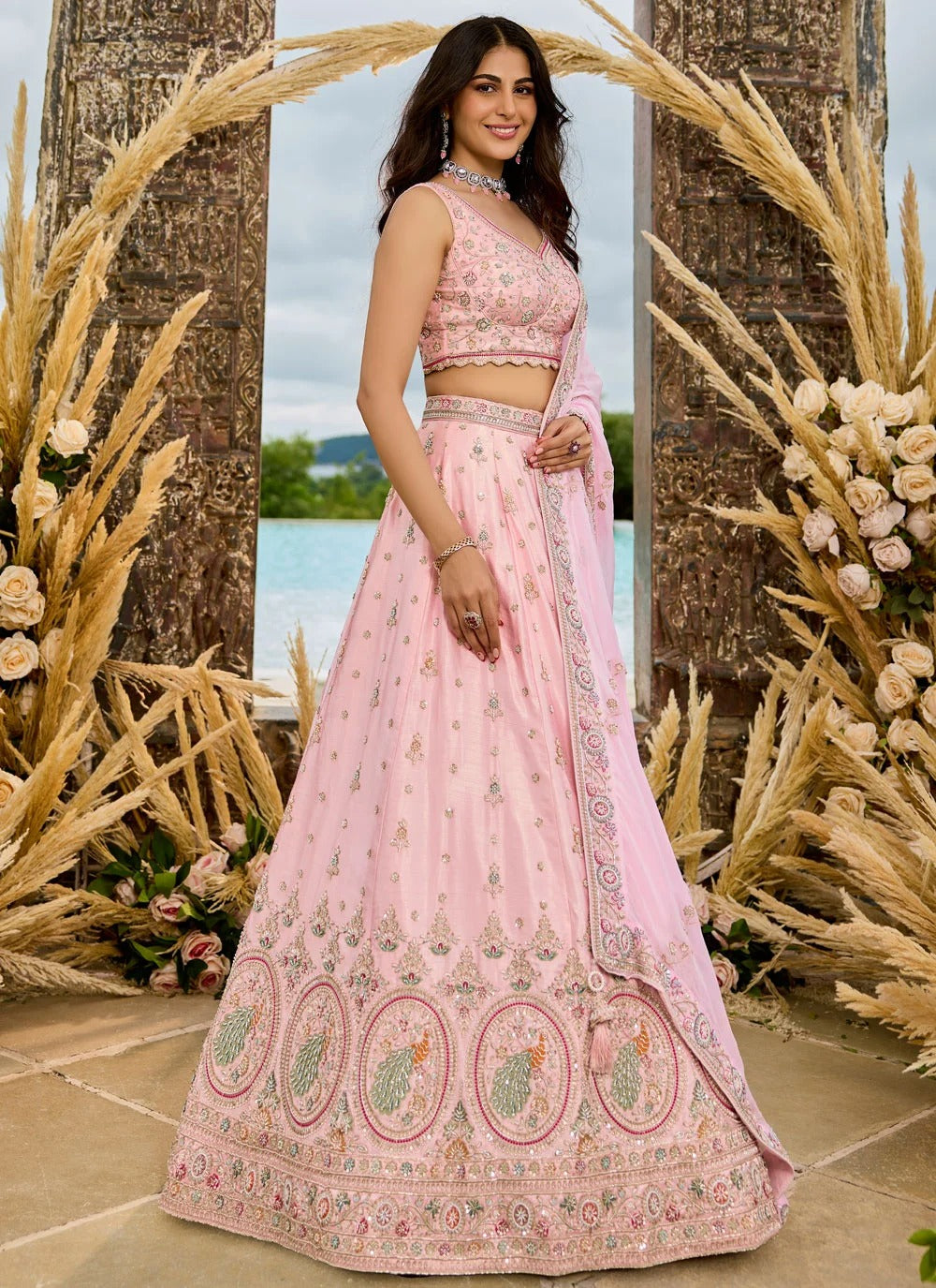 Luxury pink bridesmaid lehenga with organza dupatta