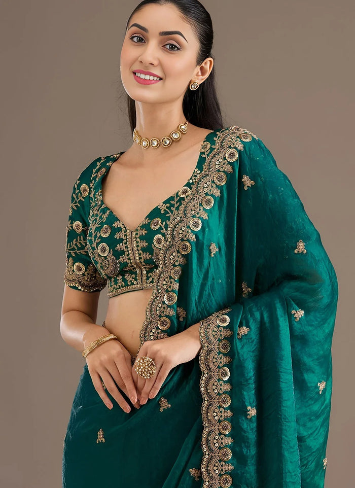 Designer Rama Green Reception Saree with Pearl & Sequins Work