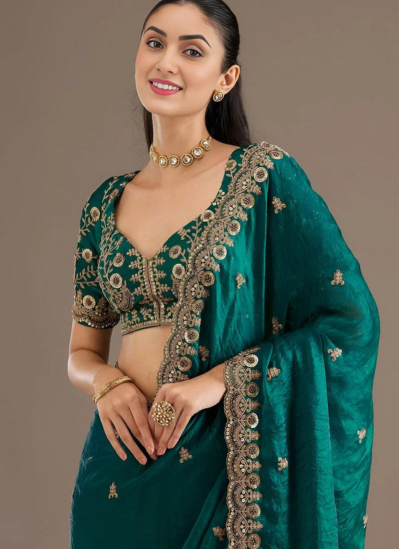 Designer Rama Green Reception Saree with Pearl & Sequins Work