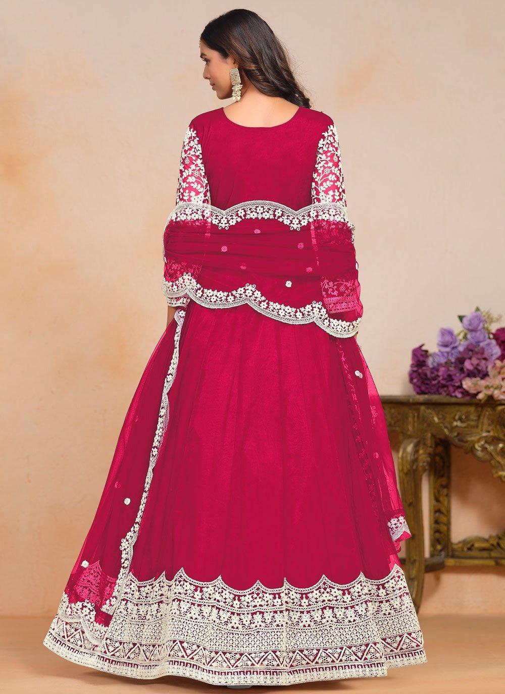 Rani Pink Wedding Function Anarkali Suit with Net Dupatta