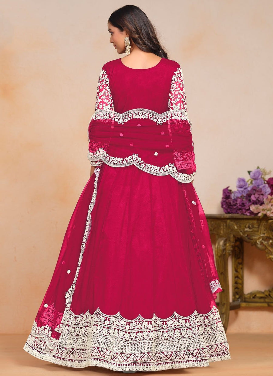 Rani Pink Wedding Function Anarkali Suit with Net Dupatta