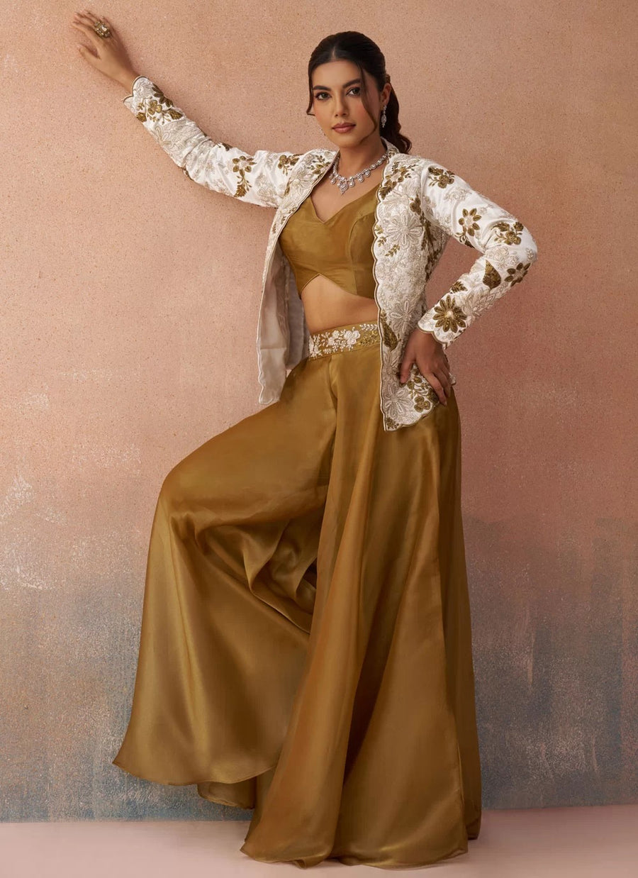 Luxury White Tissue Indo Western Co-Ord Set with Embroidered Silk Jacket