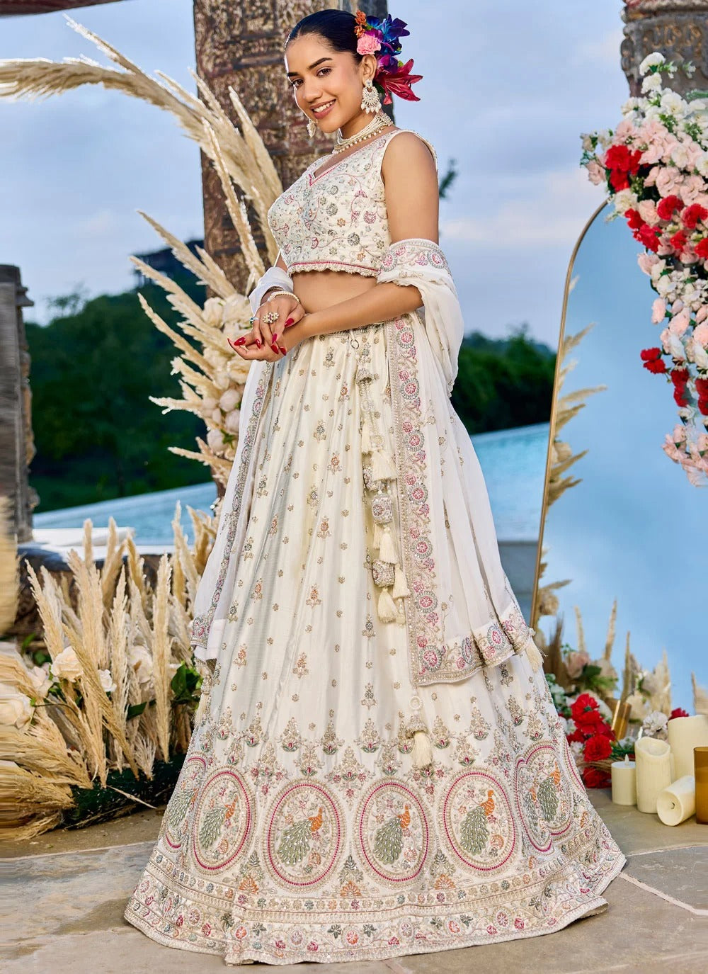 Luxury Cream Bridesmaid Lehenga with Sweetheart Neck Blouse