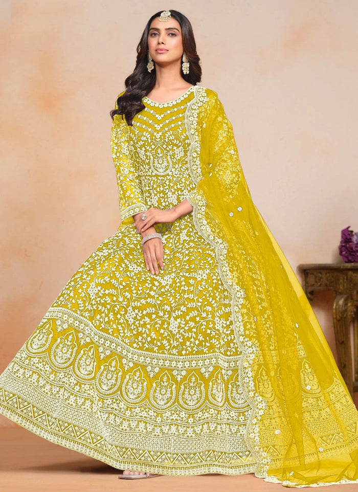 Yellow net Anarkali suit with embroidered dupatta