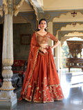 Rust Orange Color Sequins And Thread Embroidery Work Rangoli Silk Lehenga Choli