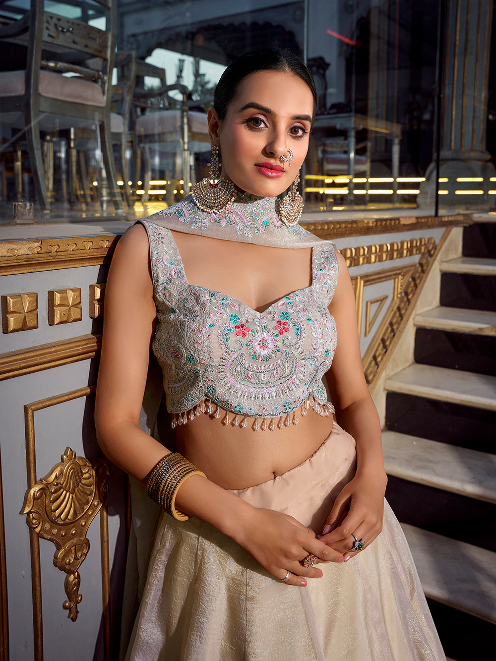Cream Color Sequins And Thread Embroidery Work Gold Crush Lehenga Choli