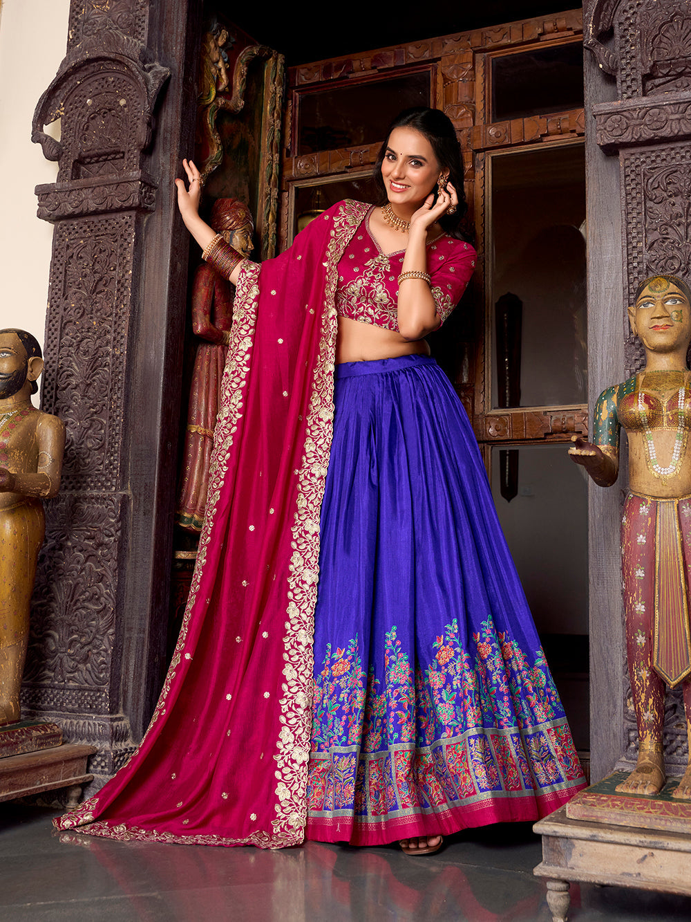 Royal Blue Color Printed With Foil Work Tussar Silk Lehenga Choli