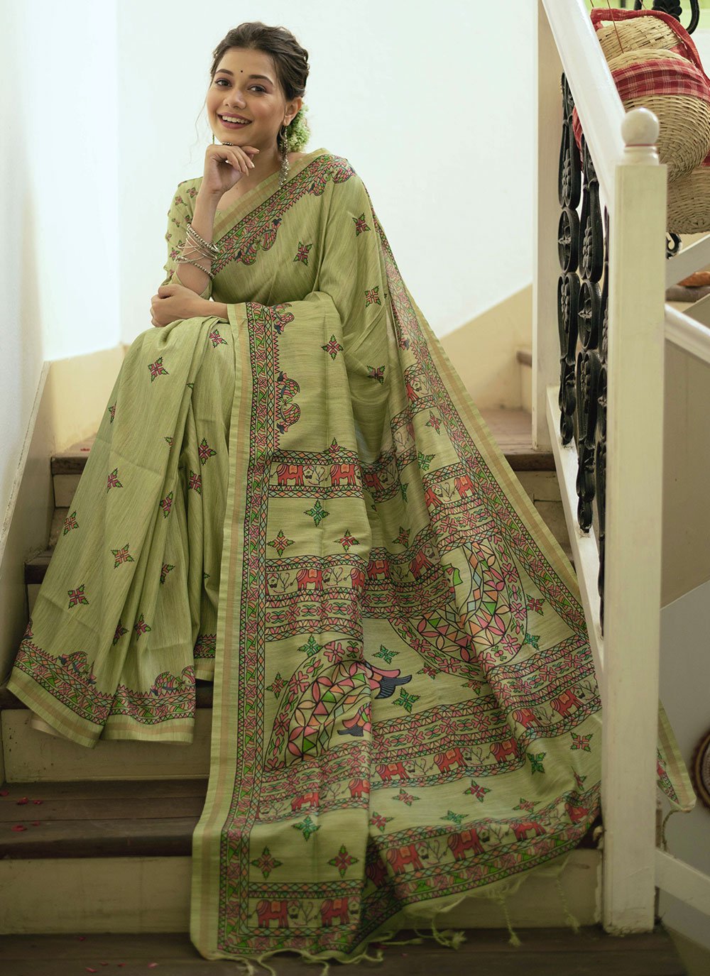Enchanting Green Tussar Silk Saree With Madhubani Print & Zari Border