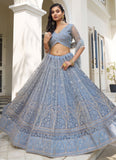 Enchanting Light Blue Grey Butterfly Net Party Wear Lehenga