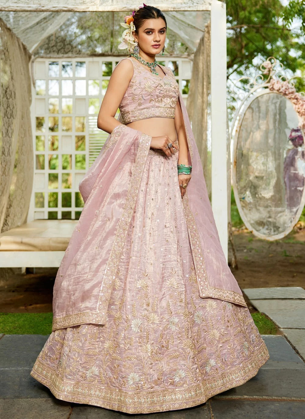 Mauve tissue lehenga with sequins, coding and thread embroidery – Indian wedding lehenga for women