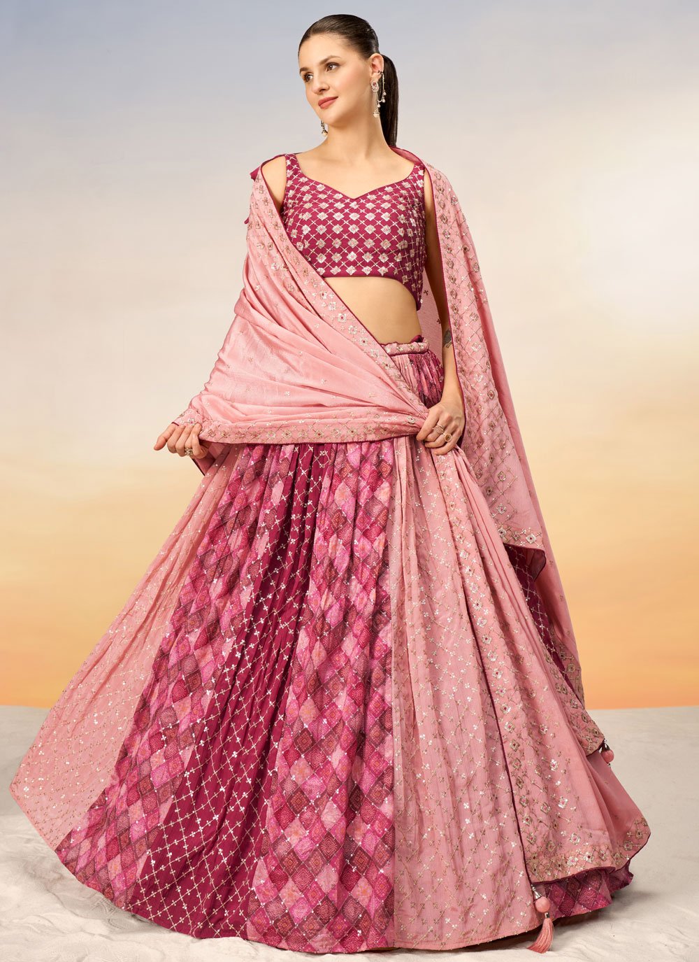 Enchanting Pink Poly Chiffon Indian Ethnic Lehenga Choli with Sequins Embroidery