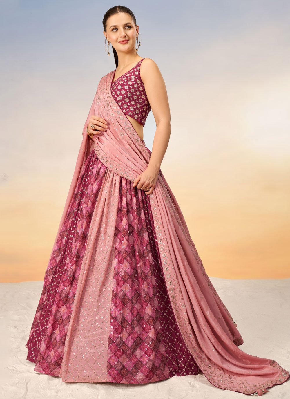 Enchanting Pink Poly Chiffon Indian Ethnic Lehenga Choli with Sequins Embroidery