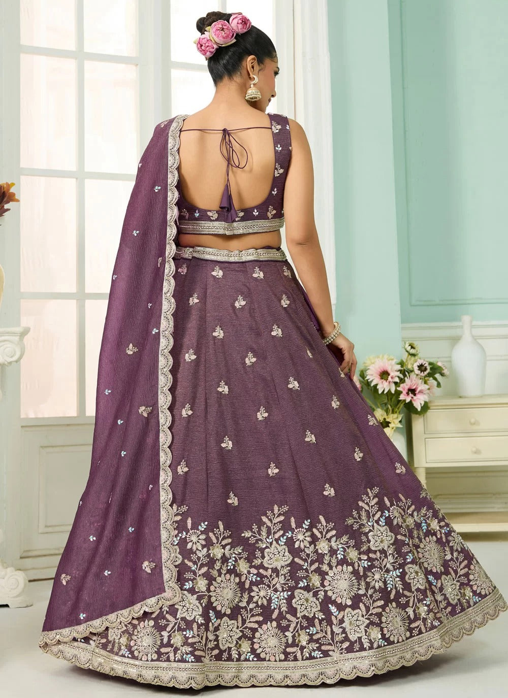 Enchanting purple tissue bridesmaid lehenga with sequin, stone, coding embroidery, cutwork dupatta and 3.5m flair