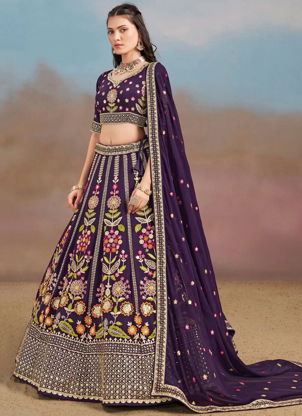 Enchanting Purple Georgette Engagement Wear Lehenga