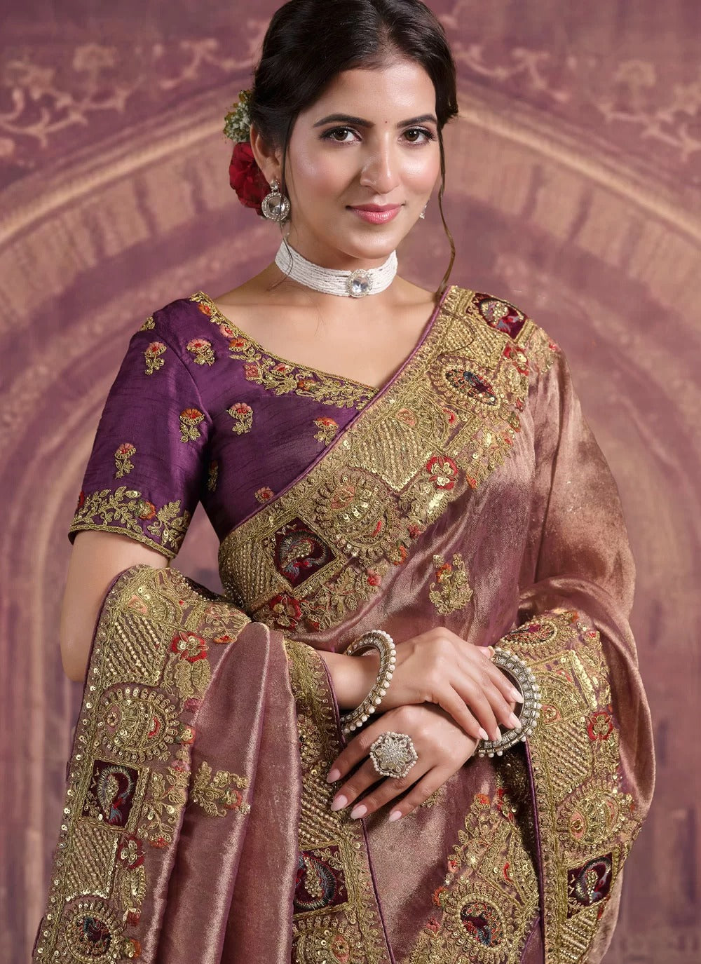 Wine and Gold bridal saree in georgette and zari organza silk with khatli and sequence embroidery