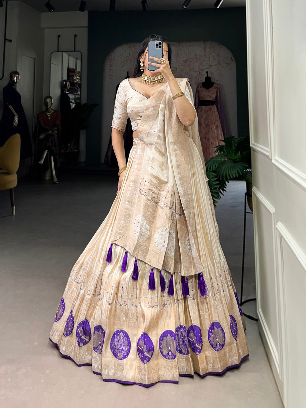 Purple Color Mirror And Bids (Moti) Handwork Shimmer With Weaving Work Lehenga Choli