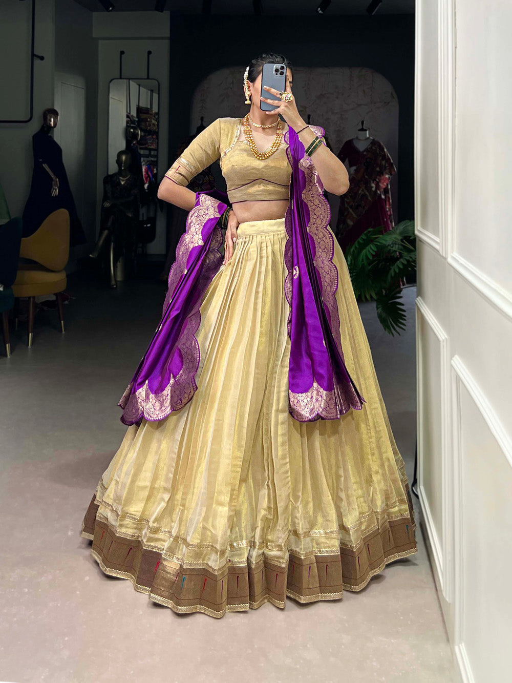 Cream Color Plain With Paithani Lace Border Erode South Indian Lehenga Choli