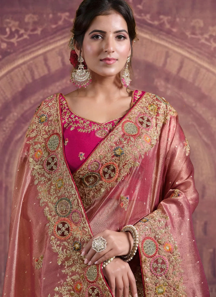 Peach Zari Organza Silk bridal saree with pure khatli embroidery and sequence detailing for 2025 weddings