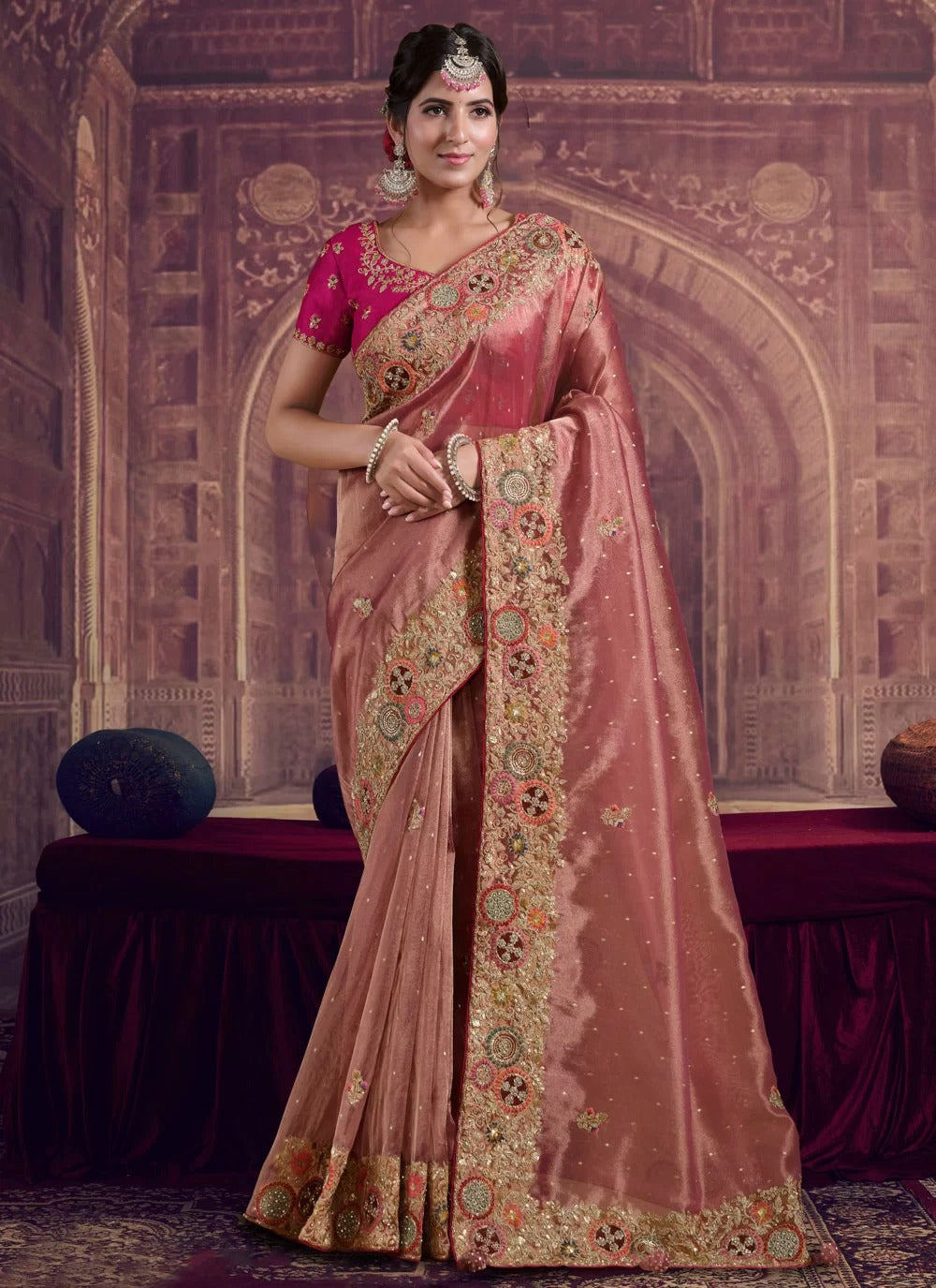 Ethereal Peach Zari Organza Silk Wedding Saree with Khatli & Sequence Work